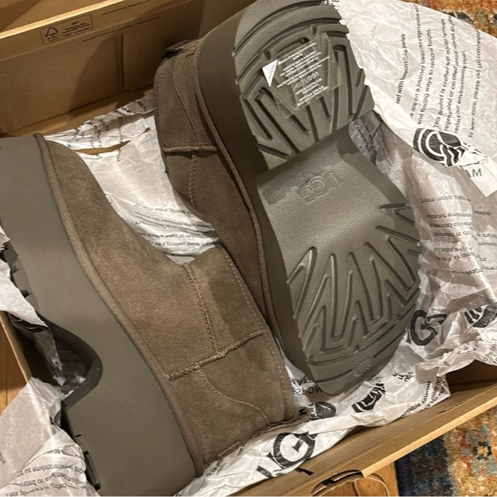 UGG New Heights Classic Ultra Mini Brown Suede Boots, soft inside sherpa lining